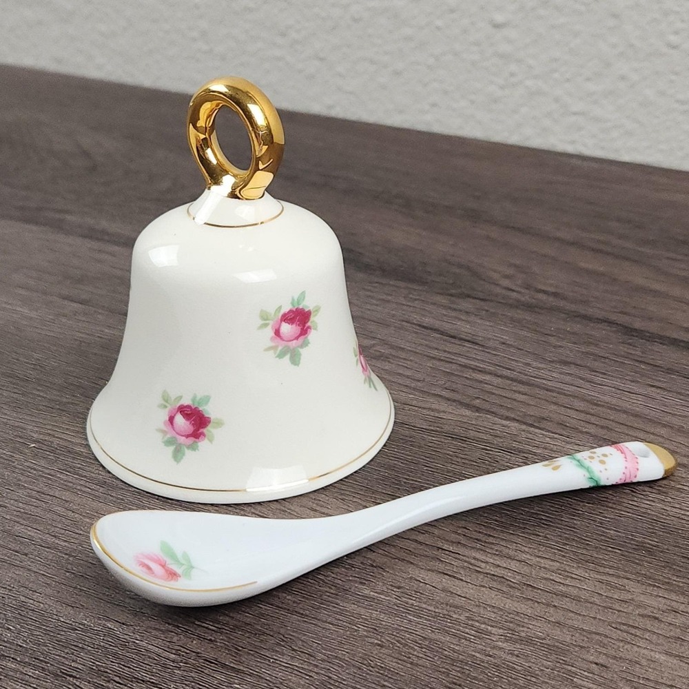 Vintage Ashleydale England Fine Bone China Bell & Spoon Set Pink Roses Gold Trim